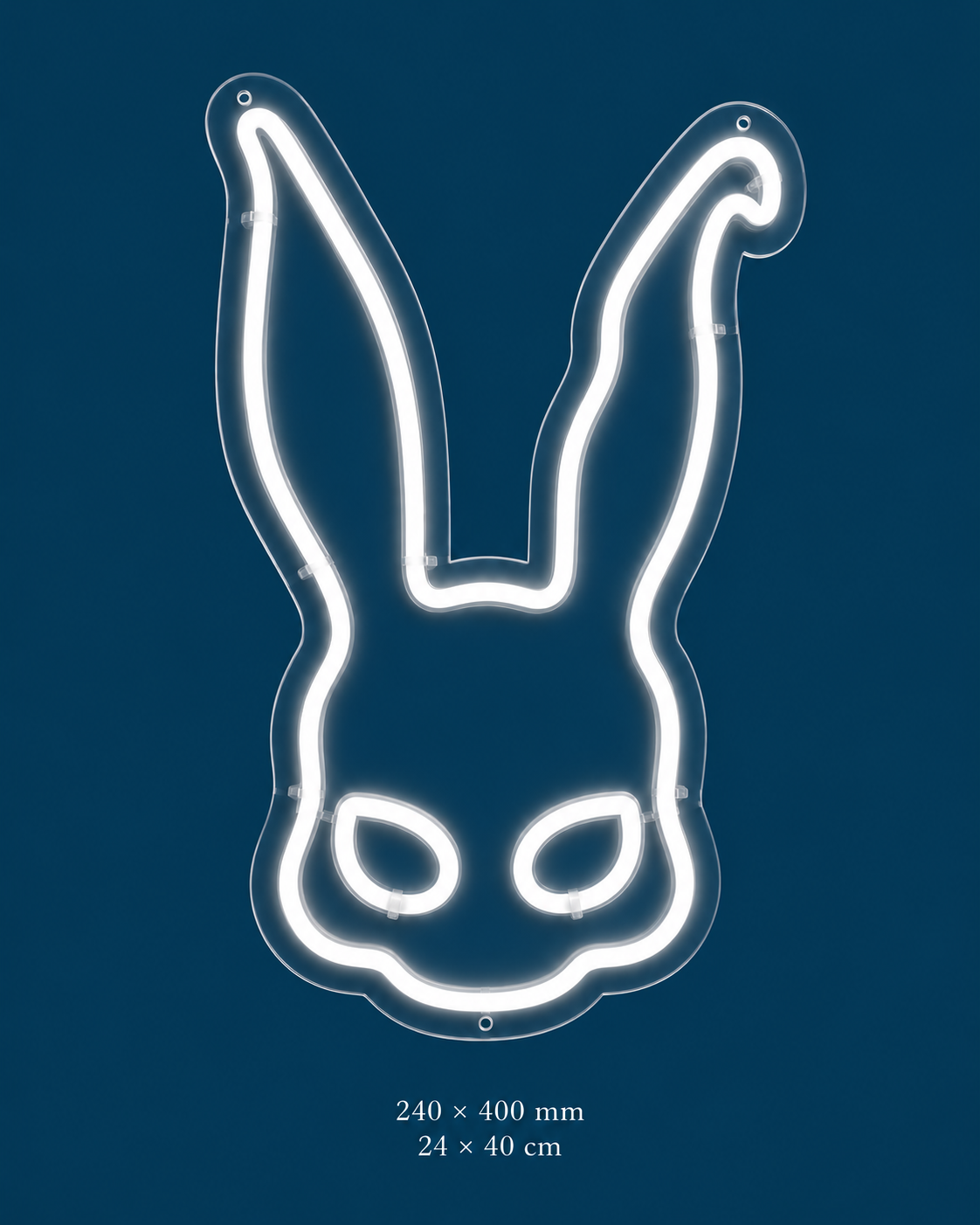Frank Rabbit Head — White Neon Sign — original design on a consistent dark-blue background.