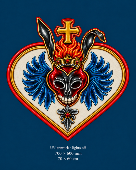 Frank Winged Sacred Heart — single UV-artwork illustration with lights off, on the matching dark-blue background.