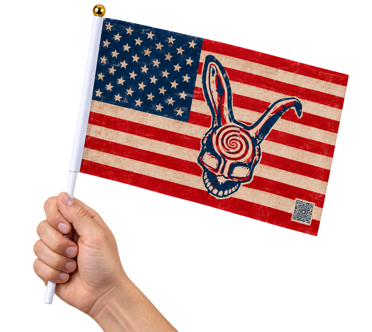 Frank Rabbit USA Handheld Flag held by a hand, transparent background