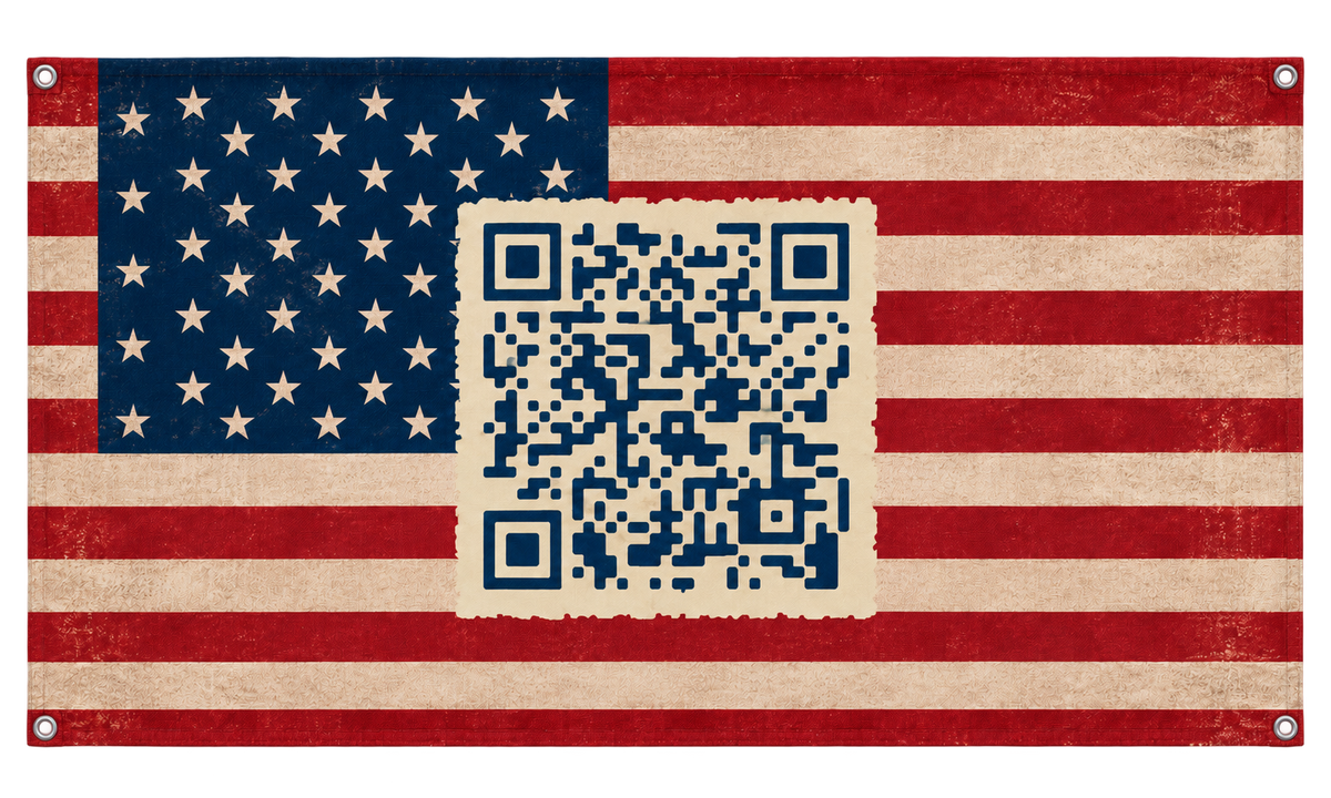USA QR-Code Flag — 150 × 90 cm with four corner grommets