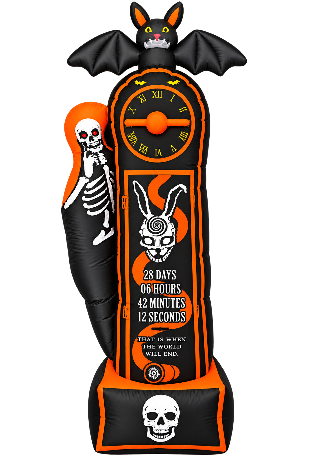 Black and orange 8ft inflatable Halloween countdown clock with straight clock hands, skeleton side figure and bat topper, on a transparent background.