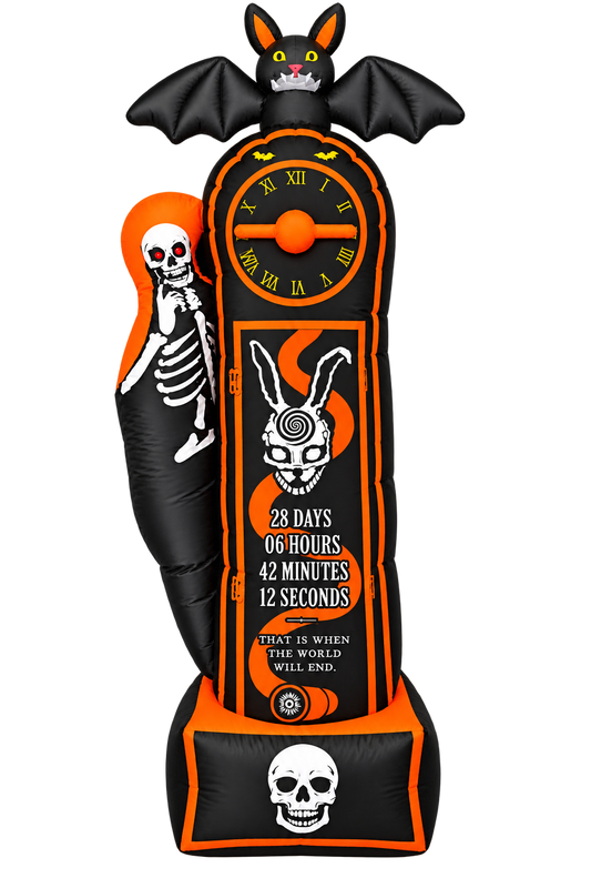 Black and orange 8ft inflatable Halloween countdown clock with straight clock hands, skeleton side figure and bat topper, on a transparent background.
