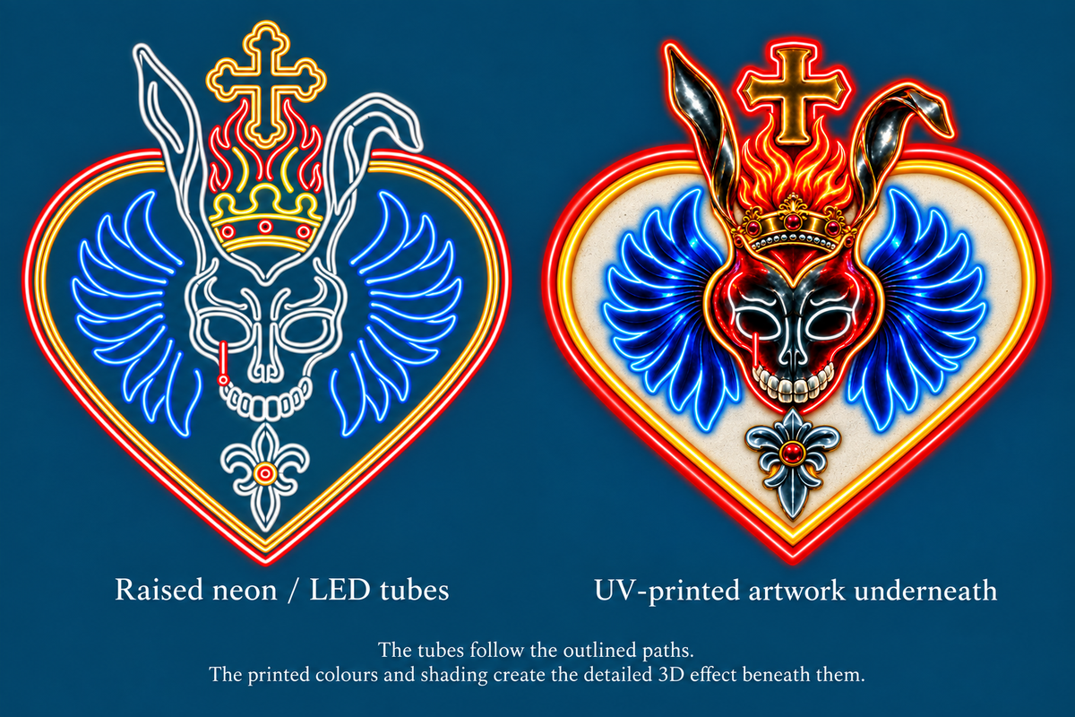 Illustrative guide showing the neon tube paths alongside the shaded UV artwork underneath