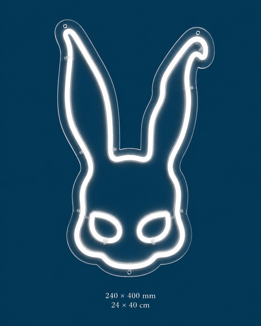 Frank Rabbit Head — White Neon Sign — original design on a consistent dark-blue background.