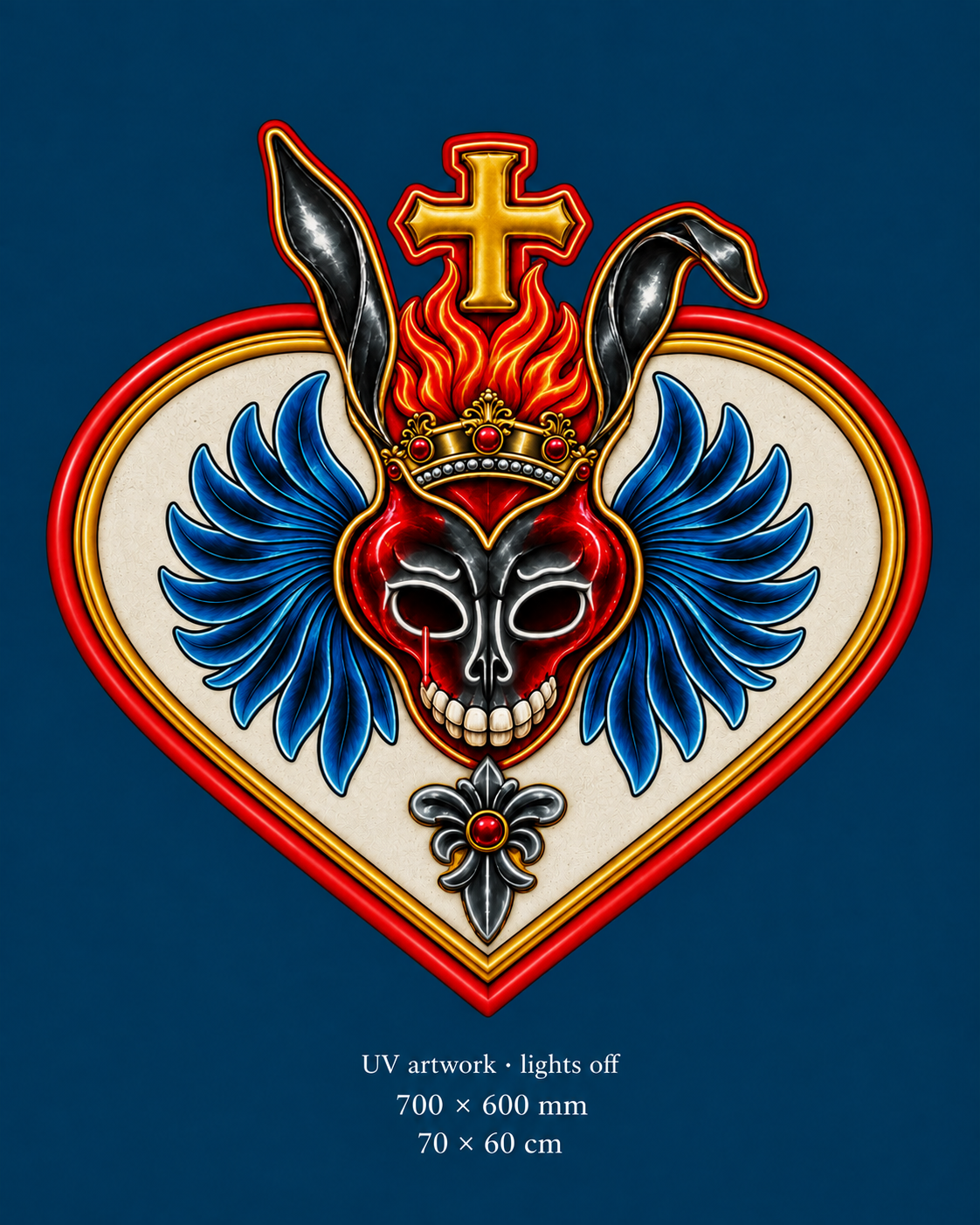 Frank Winged Sacred Heart — single UV-artwork illustration with lights off, on the matching dark-blue background.