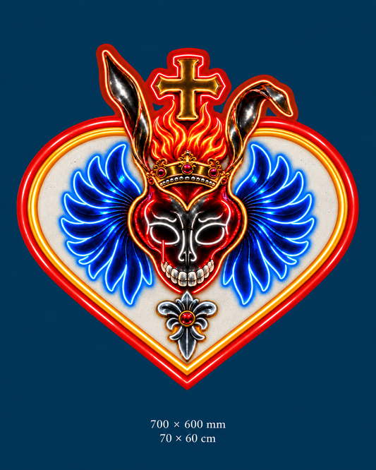 Frank Winged Sacred Heart Neon Sign — original design on a consistent dark-blue background.