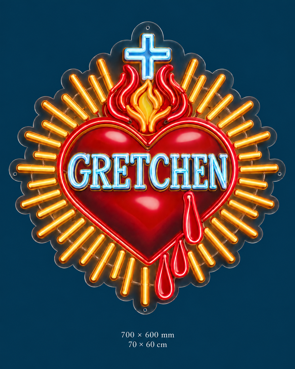 Gretchen Sacred Heart Neon Sign — original design on a consistent dark-blue background.