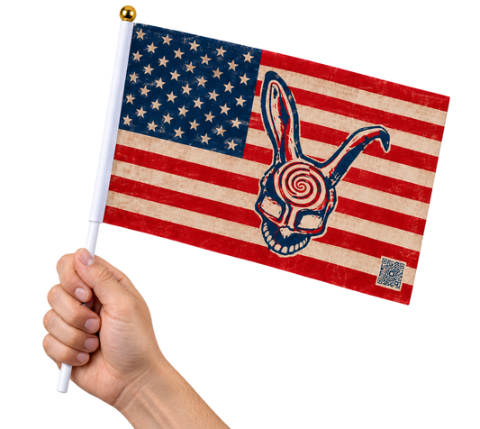 Frank Rabbit USA Handheld Flag held by a hand, transparent background