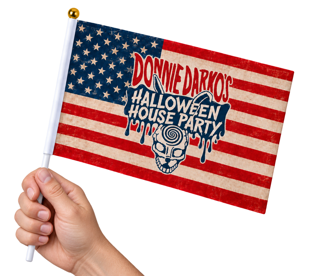 Donnie Darko’s Halloween House Party Handheld Flag held by a hand, transparent background
