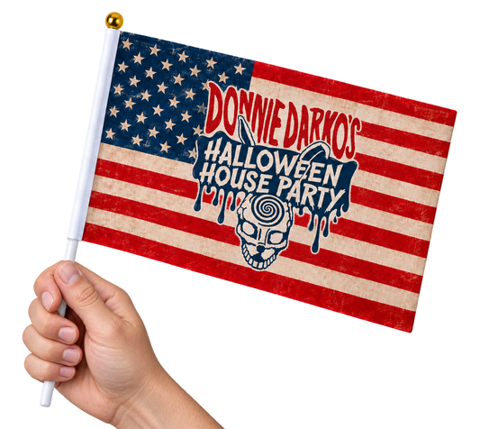 Donnie Darko’s Halloween House Party Handheld Flag held by a hand, transparent background
