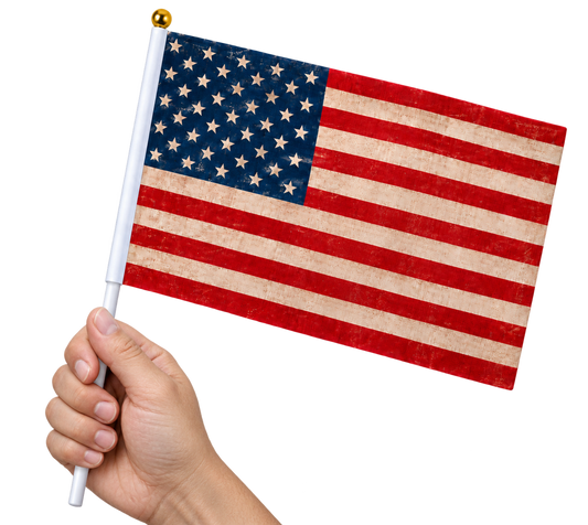 Vintage USA Handheld Flag held by a hand, transparent background