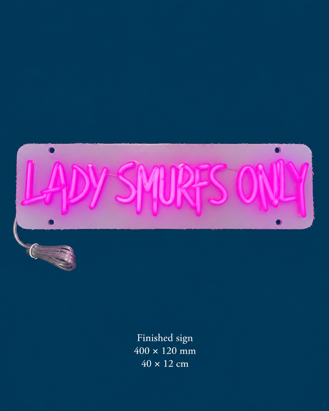 Lady Smurfs Only — manufacturer's finished sign photo, background cleaned and perspective corrected.