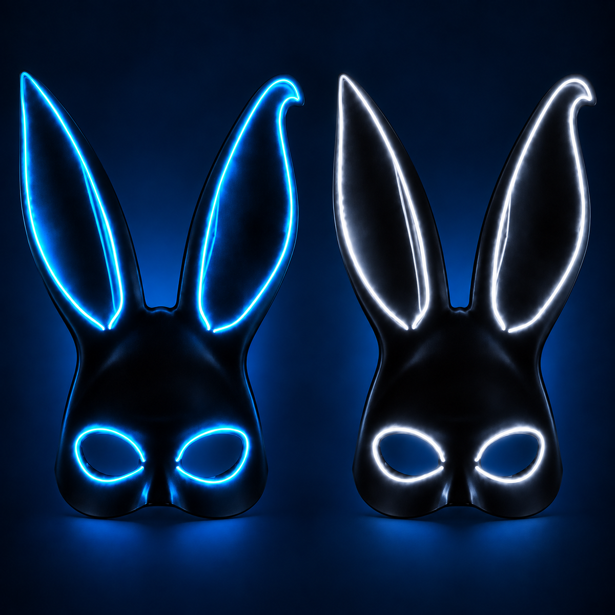 Icy blue and white LED rabbit masks with long asymmetric ears