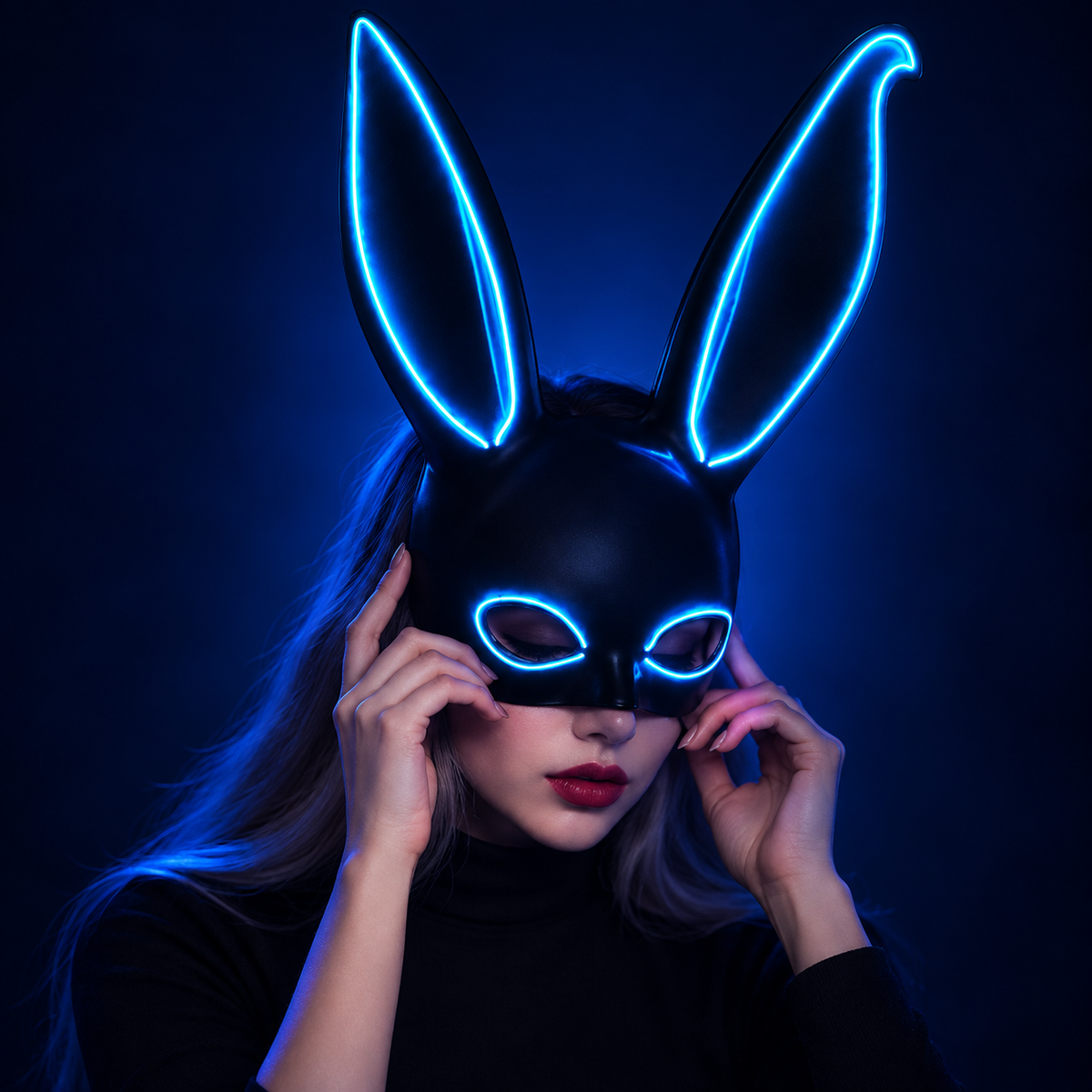 Model wearing icy blue LED rabbit mask with long ears