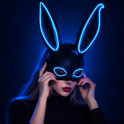 Model wearing icy blue LED rabbit mask with long ears